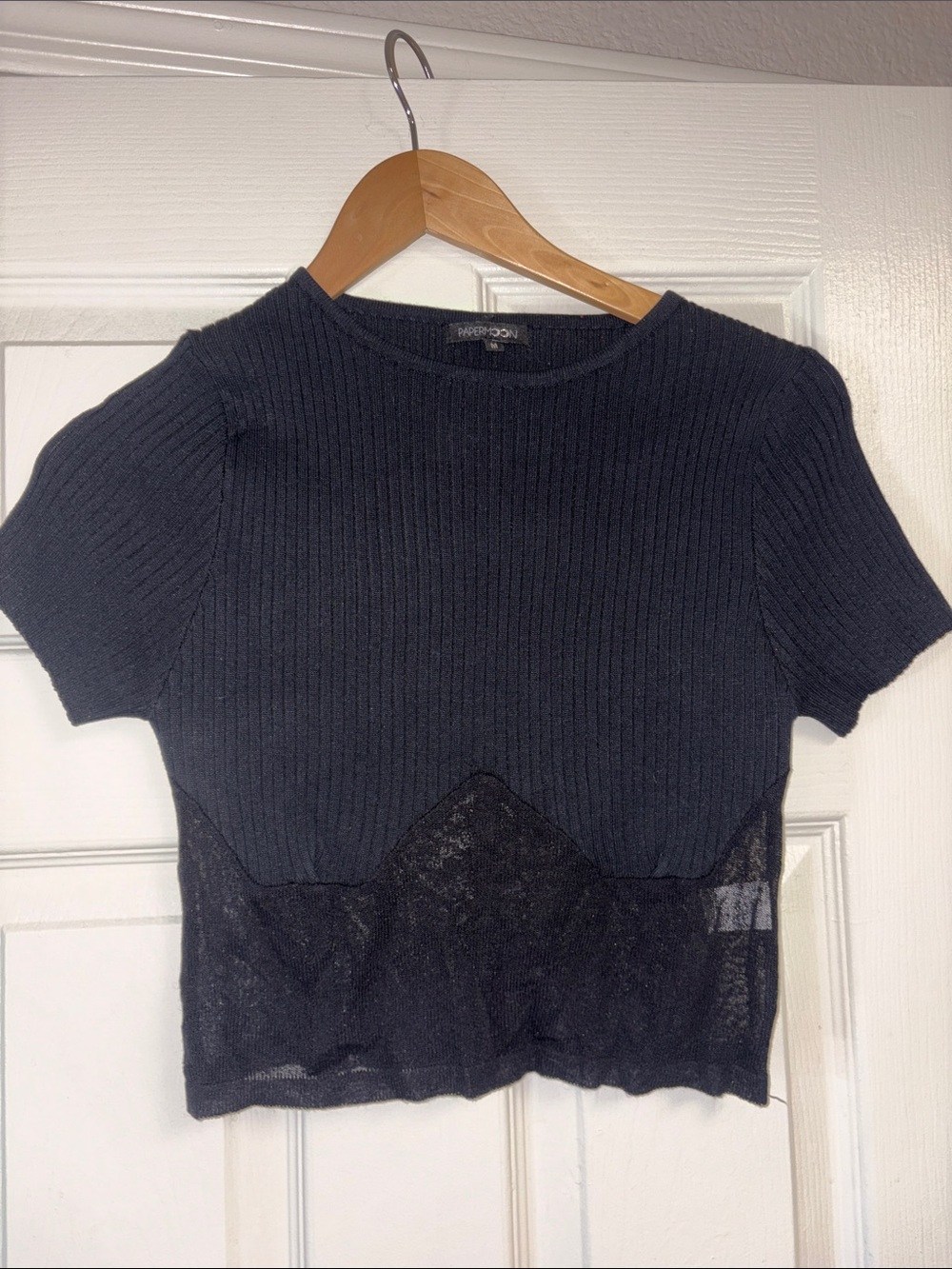 Paper moon - Medium Black Ribbed Short-Sleeve Crop Top with sheer